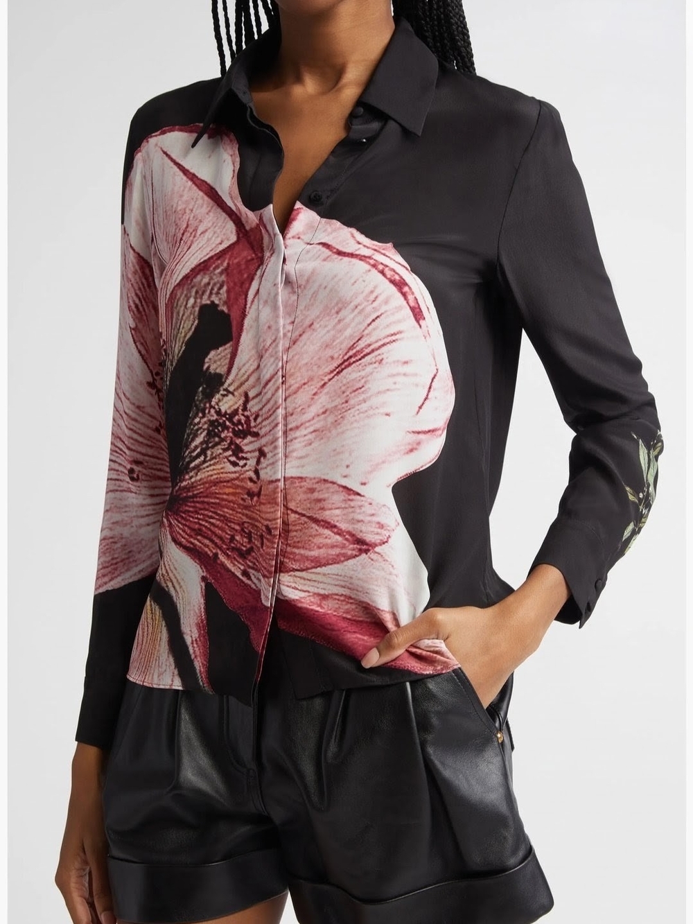 Alice + Olivia Willa Luna Floral 100% Silk Blouse Size M Black Pink - Picture 2 of 14